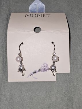 Monet Silver Faux Pearl Drop Earrings in White